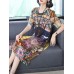 Elegant Women Floral Print Crew Neck Short Sleeve Dress