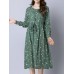 Casual Women Cotton Floral Printed Loose Long Sleeve O-Neck Dress