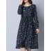 Casual Women Cotton Floral Printed Loose Long Sleeve O-Neck Dress