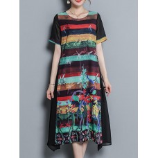 Vintage Women Floral Print O-neck Loose Irregular Hem Chiffon Dress