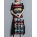 Vintage Women Floral Print O-neck Loose Irregular Hem Chiffon Dress