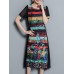 Vintage Women Floral Print O-neck Loose Irregular Hem Chiffon Dress