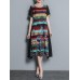 Vintage Women Floral Print O-neck Loose Irregular Hem Chiffon Dress