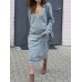 Women Long Sleeve V-neck Loose Casual Knitting Long Dress