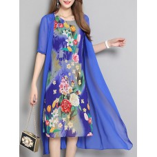 Women Summer Floral Print Two Pieces Sets O-neck Loose Chiffon Dress
