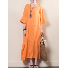 Vintage Women O-neck Loose Baggy Half Sleeve Dress