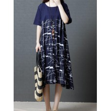 Vintage Short Sleeve O-neck Print Patchwork Mid-long Dress