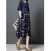 Vintage Short Sleeve O-neck Print Patchwork Mid-long Dress