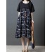 Vintage Short Sleeve O-neck Print Patchwork Mid-long Dress