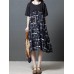 Vintage Short Sleeve O-neck Print Patchwork Mid-long Dress