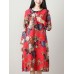 Vintage Women Loose Cotton Linen Floral Printed Split Hem Pocket Dress
