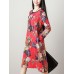 Vintage Women Loose Cotton Linen Floral Printed Split Hem Pocket Dress