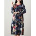 Vintage Women Loose Cotton Linen Floral Printed Split Hem Pocket Dress