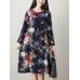 Vintage Women Loose Cotton Linen Floral Printed Split Hem Pocket Dress