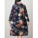 Vintage Women Loose Cotton Linen Floral Printed Split Hem Pocket Dress