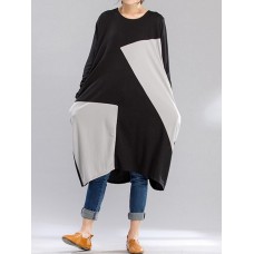 L-5XL Women Casual Patchwork Long Sleeve Dress