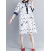 Casual Women Cotton Cartoon Loose Half Sleeve Button Dress with Pocket