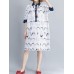 Casual Women Cotton Cartoon Loose Half Sleeve Button Dress with Pocket