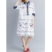 Casual Women Cotton Cartoon Loose Half Sleeve Button Dress with Pocket