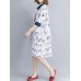 Casual Women Cotton Cartoon Loose Half Sleeve Button Dress with Pocket