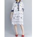 Casual Women Cotton Cartoon Loose Half Sleeve Button Dress with Pocket