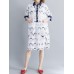 Casual Women Cotton Cartoon Loose Half Sleeve Button Dress with Pocket
