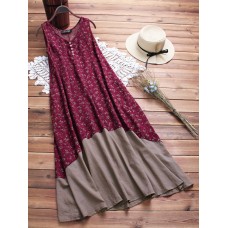 Women Sleeveless Buttons Patchwork Floral Print Vintage Maxi Dress