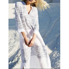 Women Casual V-Neck Striped Print Long Sleeve Dress