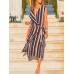 Women Sleeveless V-neck Stripe Long Shirt Dress