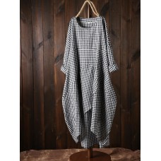 Women Plaid Irregular Hem Long Sleeve Dress with Pockets