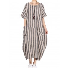 M-5XL Women Stripe Crew Neck Short Sleeve Loose Baggy Dress