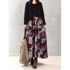 Vintage Women Floral Printed Patchwork Long Sleeve Maxi Dress