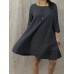 Women Casual Cotton Linen Pure Color 3/4 Sleeve Dress