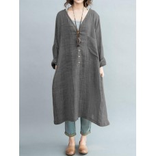 S-5XL Vintage Women V-Neck Long Sleeve Button Dress