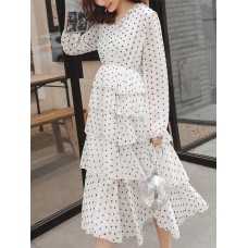 Women Bohemian Dot Printing Chiffon Dress V-Neck Multi-layer Dress