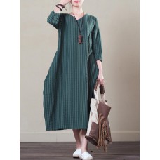 Women Casual V-neck Long Sleeve Striped Dress