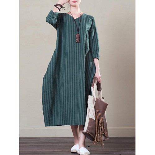 Women Casual V-neck Long Sleeve Striped Dress Women Casual V-neck Long Sleeve Striped Dress