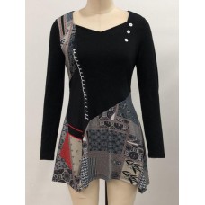 Vintage Women Print Patchwork Irregular Hem Mini Dress