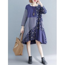 Vintage Women Cotton Linen Loose Print Patchwork Dress with Pockets