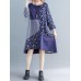 Vintage Women Cotton Linen Loose Print Patchwork Dress with Pockets