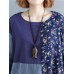 Vintage Women Cotton Linen Loose Print Patchwork Dress with Pockets
