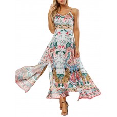 Sexy Women Floral Print Strap Backless Split Hem Dress