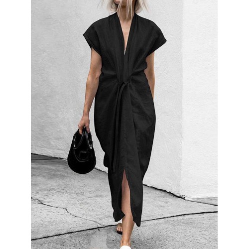 Women Short Sleeve V Neck Solid Belted Split Maxi Dress Women Short Sleeve V Neck Solid Belted Split Maxi Dress