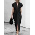 Women Short Sleeve V Neck Solid Belted Split Maxi Dress Women Short Sleeve V Neck Solid Belted Split Maxi Dress