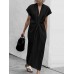 Women Short Sleeve V Neck Solid Belted Split Maxi Dress Women Short Sleeve V Neck Solid Belted Split Maxi Dress
