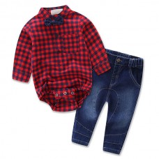 Little Boys Long Sleeve Bow Tie Plaid Shirt And Denim Pants Sets