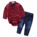 Little Boys Long Sleeve Bow Tie Plaid Shirt And Denim Pants Sets