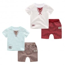 Little Boys Casual Patchwork Stripes Cotton Short Sleeve T-shirts Pants Suit