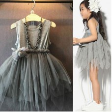 Gray Kids Girl Princess Sleeveless Dress Toddler Vintage Wedding Party Pageant Flower Bow Tulle Tutu