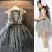Gray Kids Girl Princess Sleeveless Dress Toddler Vintage Wedding Party Pageant Flower Bow Tulle Tutu